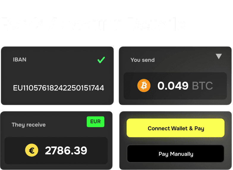 Enter recipient bank account details — IBAN, amount sent, amount received, connect wallet or pay manually