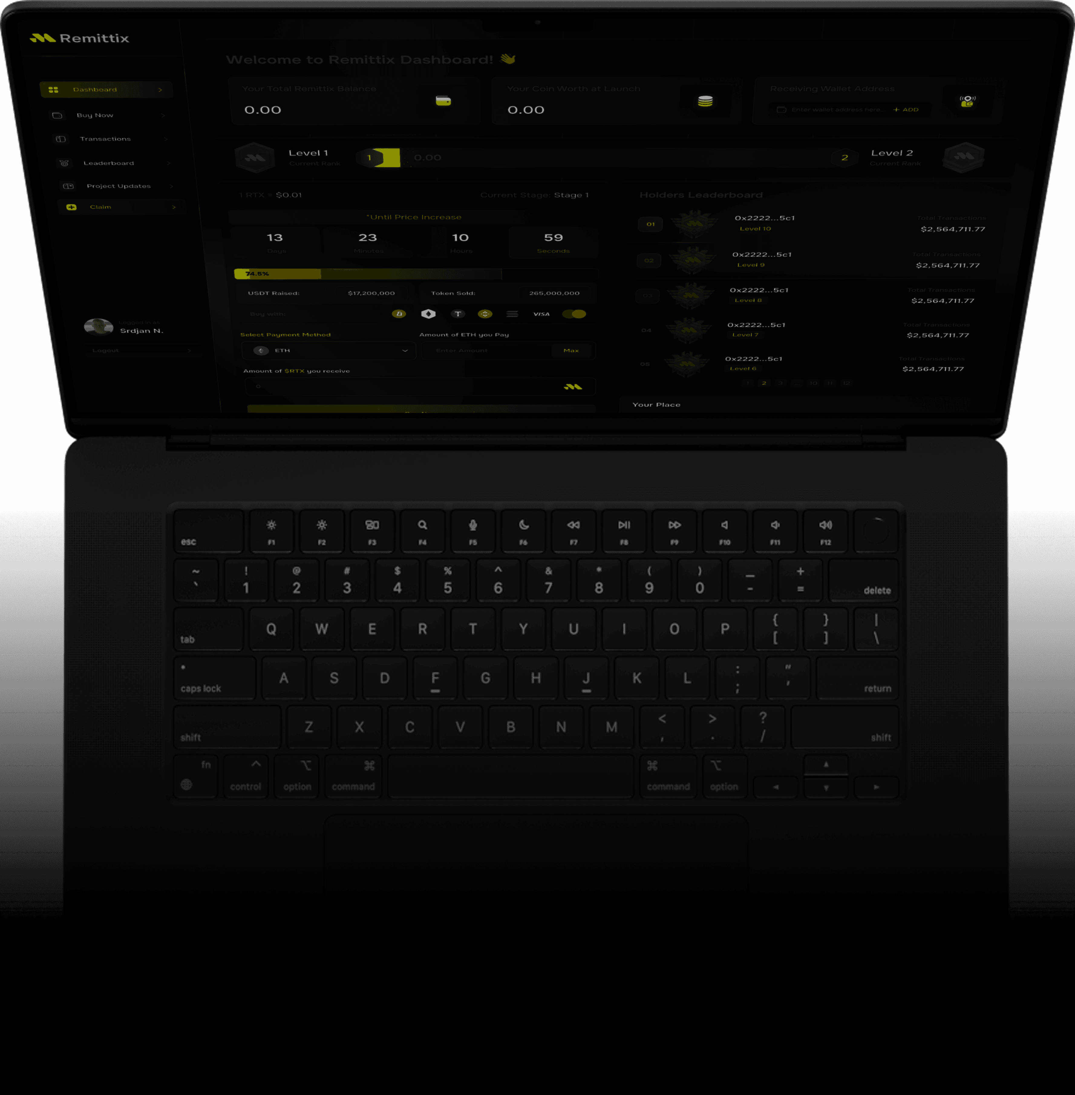 Remittix dashboard shown on a laptop